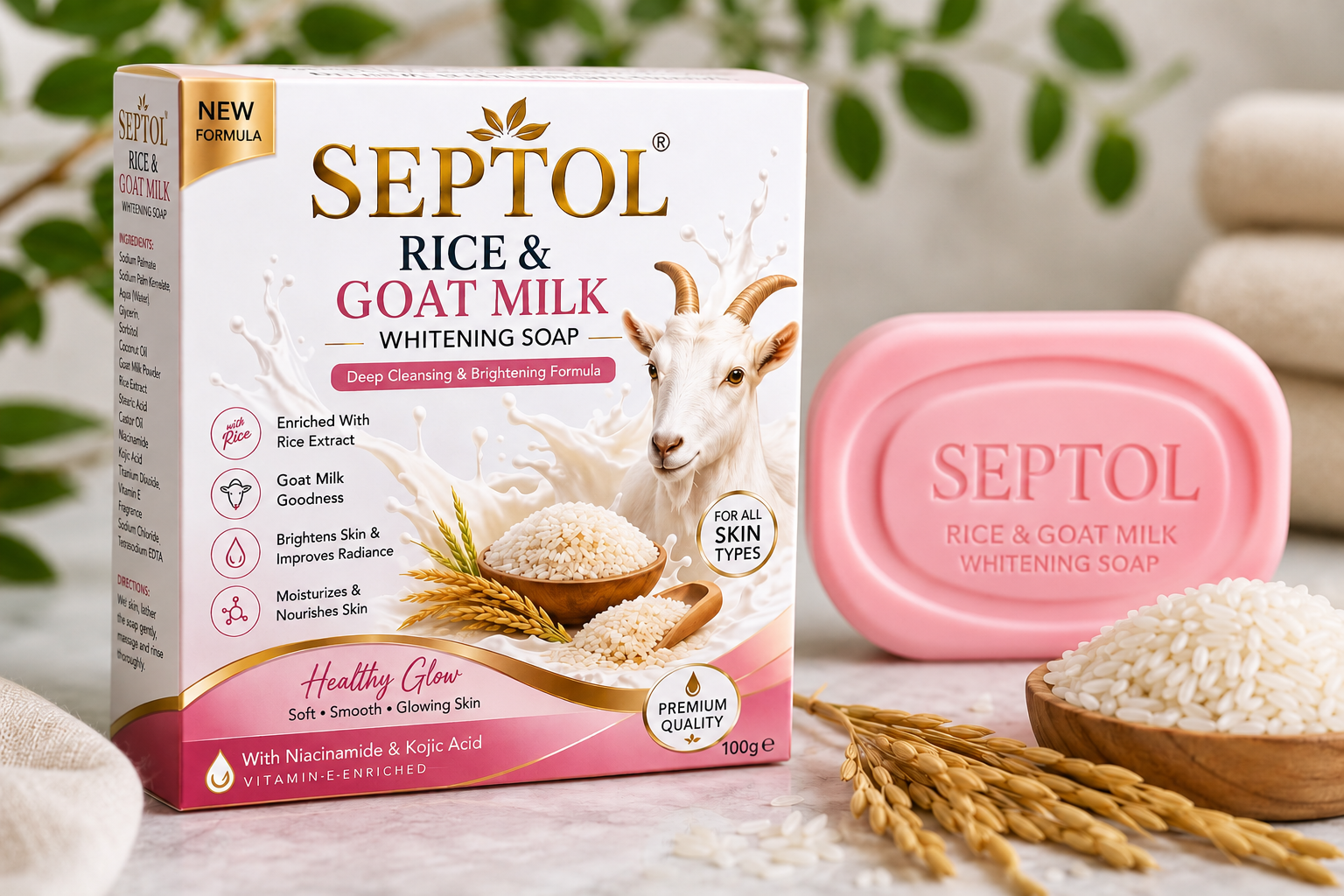 SEPTOL Rice &amp; Goat Milk Whitening Soap | Deep Cleansing &amp; Brightening Bar | Niacinamide, Kojic Acid &amp; Vitamin E | 100g