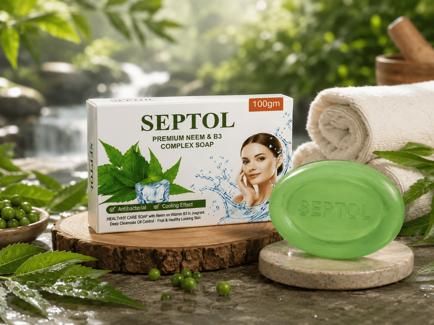 SEPTOL Premium Neem &amp;amp; B3 Complex Soap | Antibacterial &amp;amp; Cooling Soap | Neem Extract + Vitamin B3 | Deep Cleansing Bar | 100g